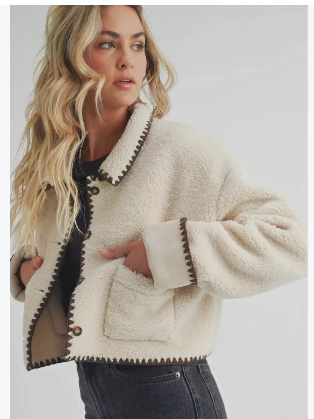 Endless Blu toasted Teddy Sherpa cropped Jacket with Contrast Trim